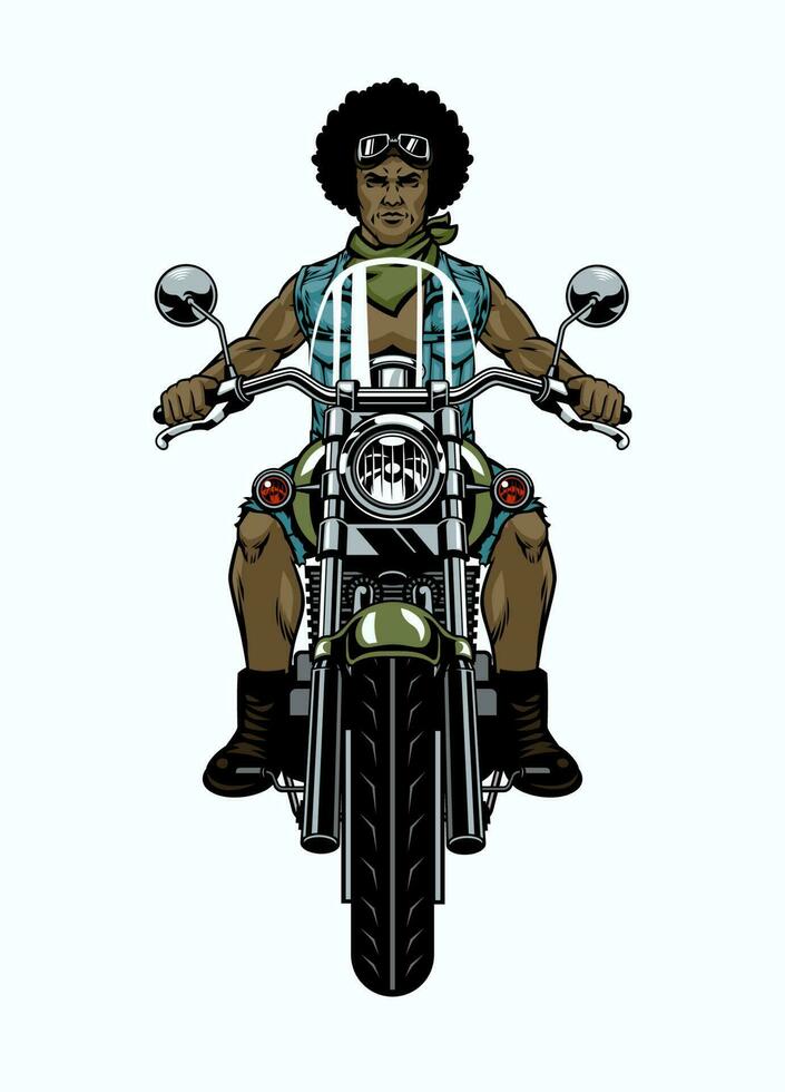 Black Man Afro Hair Biker Riding Motorcycle front angle vector