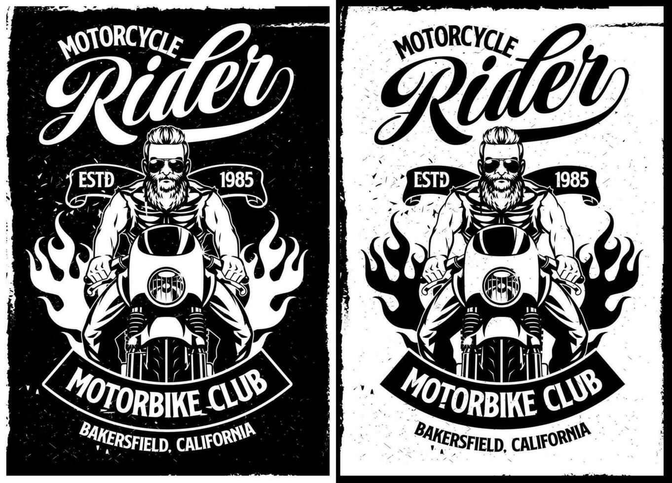 Black and white T-shirt design of motorcycle rider in textured vector
