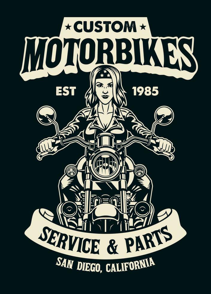 negro y blanco camiseta diseño de mujer motocicleta jinete en Clásico estilo vector