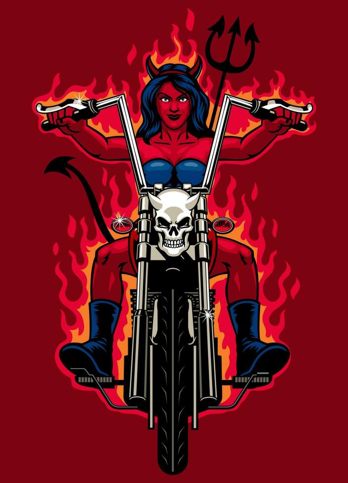 rojo diablo mujer montando en el motocicleta vector
