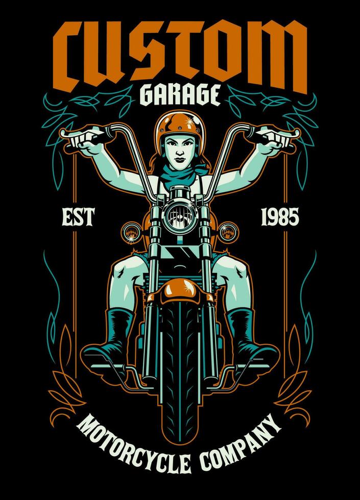 Clásico camiseta diseño de mujer motorista rayado de motocicleta club vector