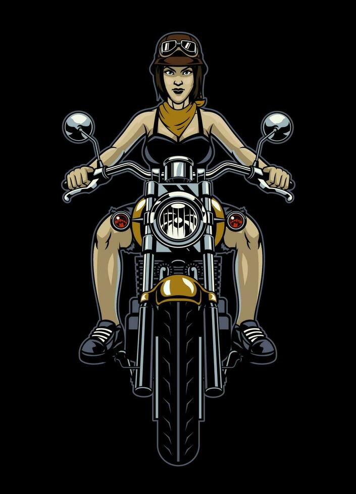 Woman Biker Riding the Old Motorcycle in front View Angle vector