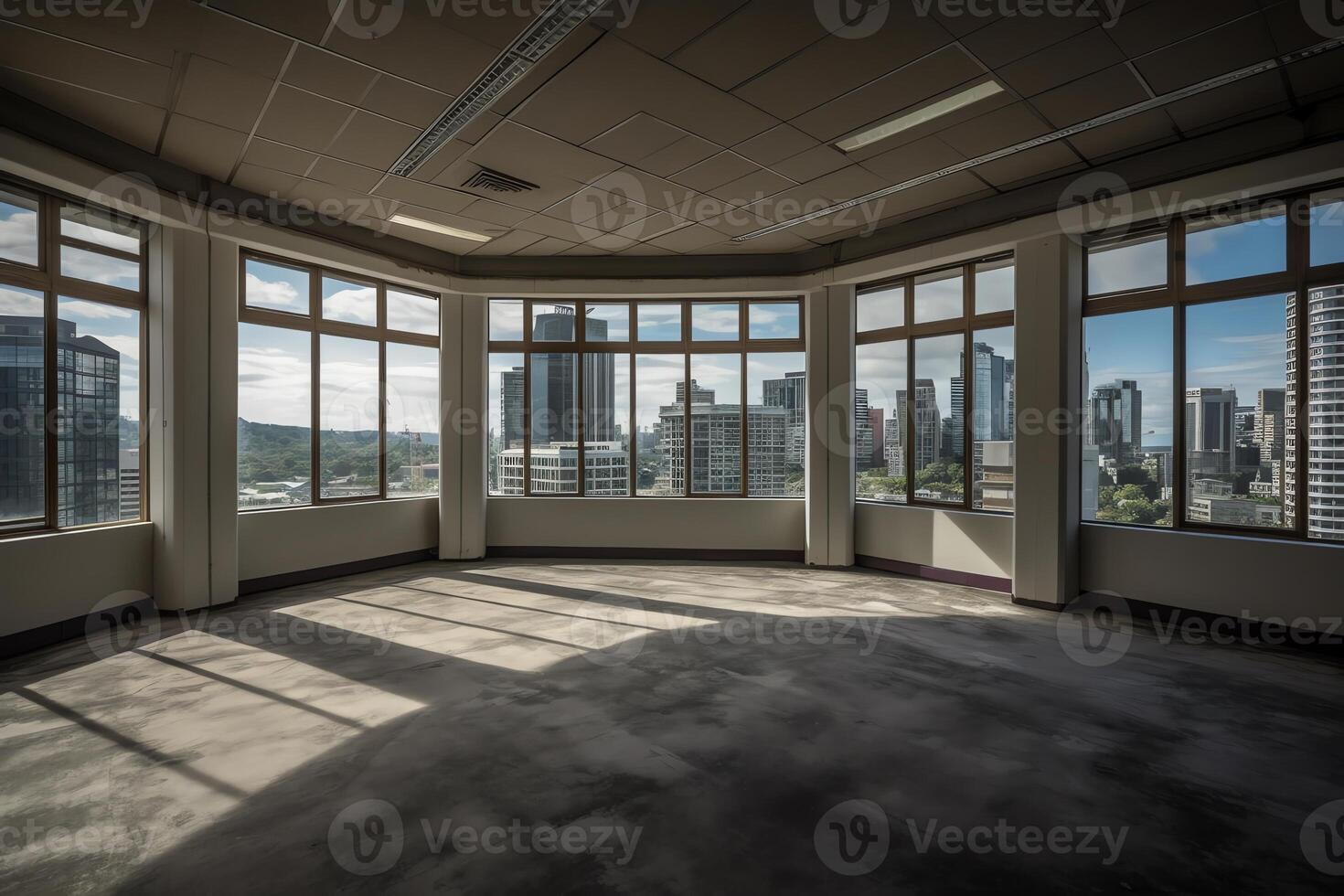 grande vacío habitación con vista a un ciudad cdb ai generado foto