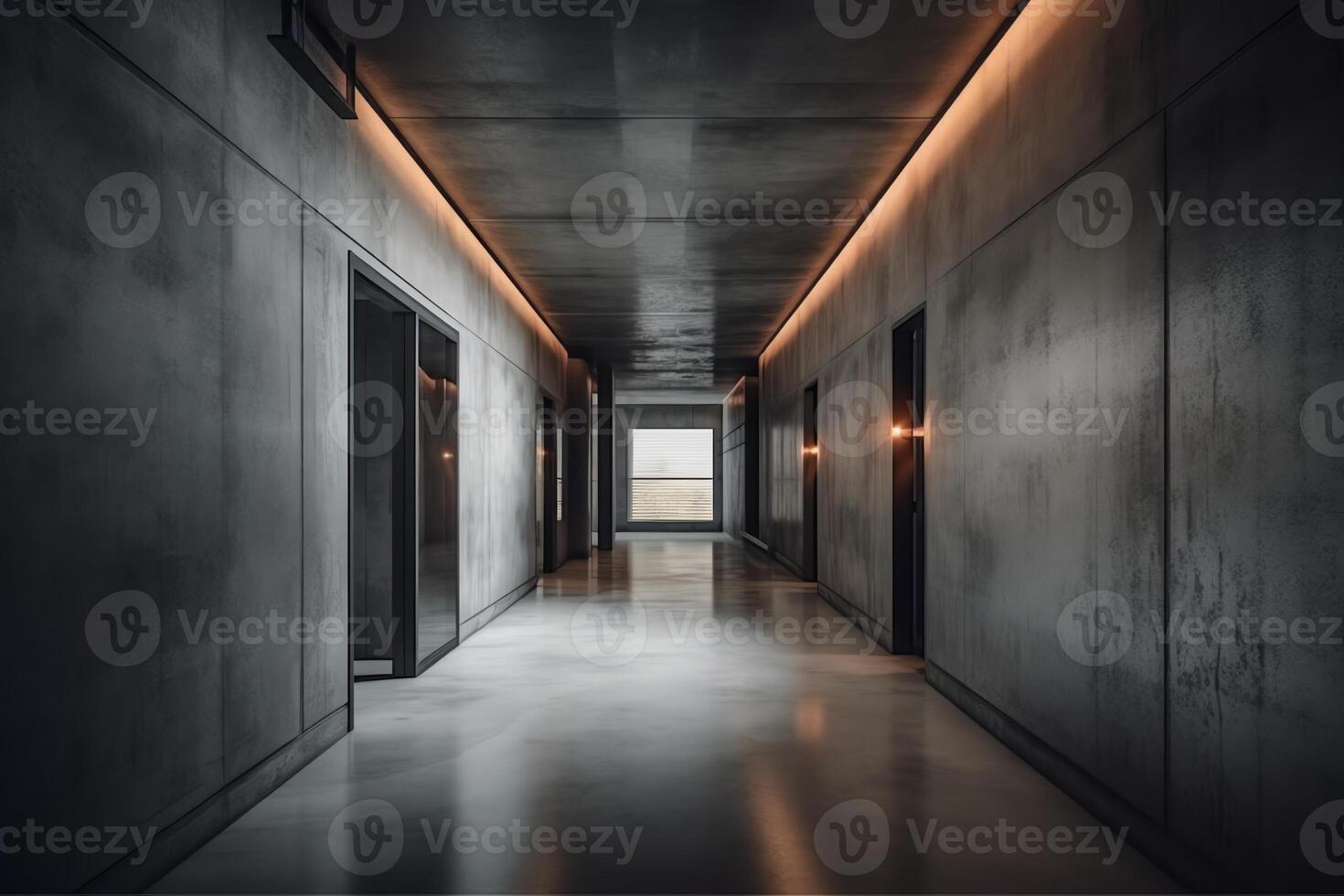 Abstract empty modern concrete walls hallway room with indirekt ceiling lights in the back industrial interior background template. photo