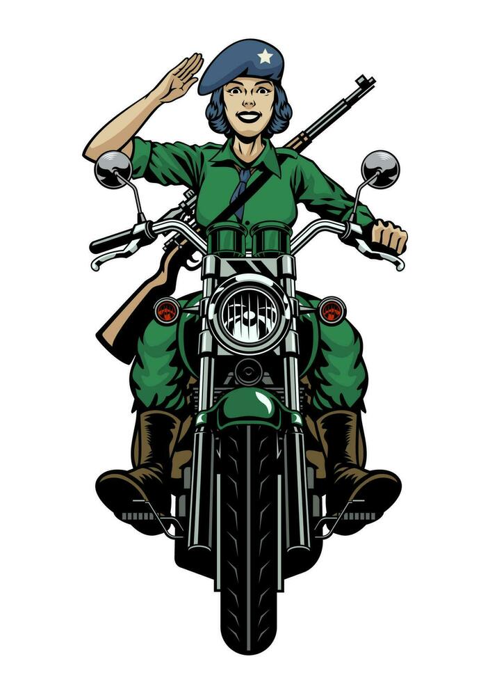 Women Army Soldier Riding the World War 2 Motorcycle vector
