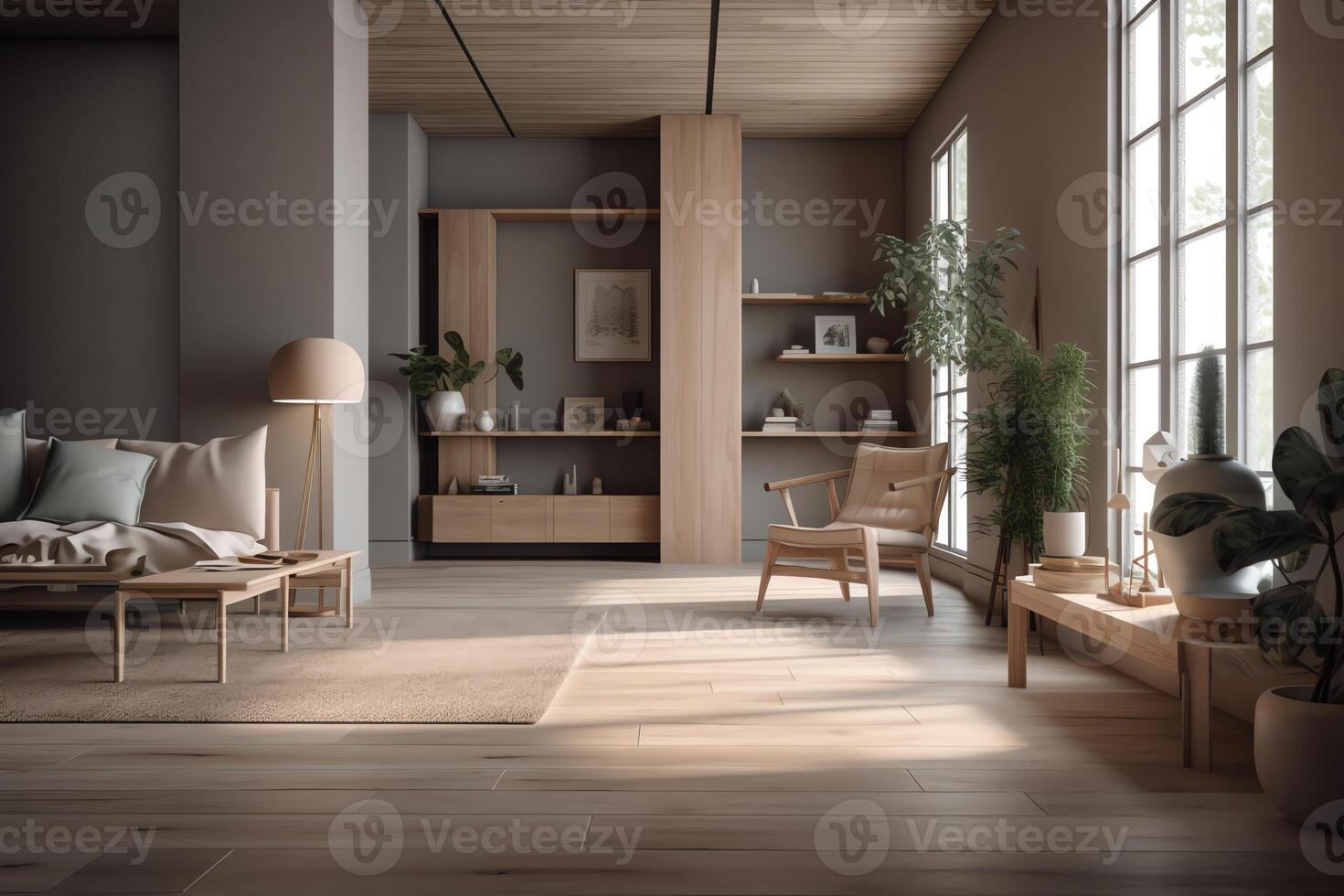 Contemporary empty home interior scandiboho style 3d render. photo