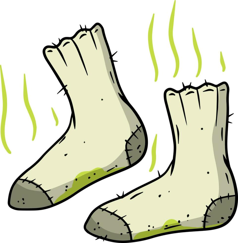 Dirty sock. The bad stench. Sloppy clothes. Stinky toe. Grey Object for washing. Cartoon flat illustration. Green wave. Smelly feet vector