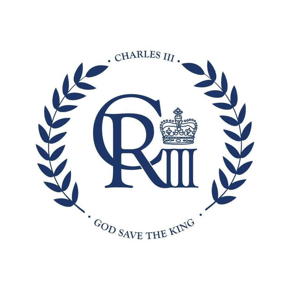 Vector monogram of King Charles III with roud wreath and text - God cave the king. Vector illustration.