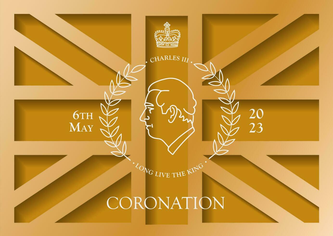 Charles III third symbol on the 3d golden british flag with shadows, United Kingdom holiday May 6, 2023. Volume vector illustration