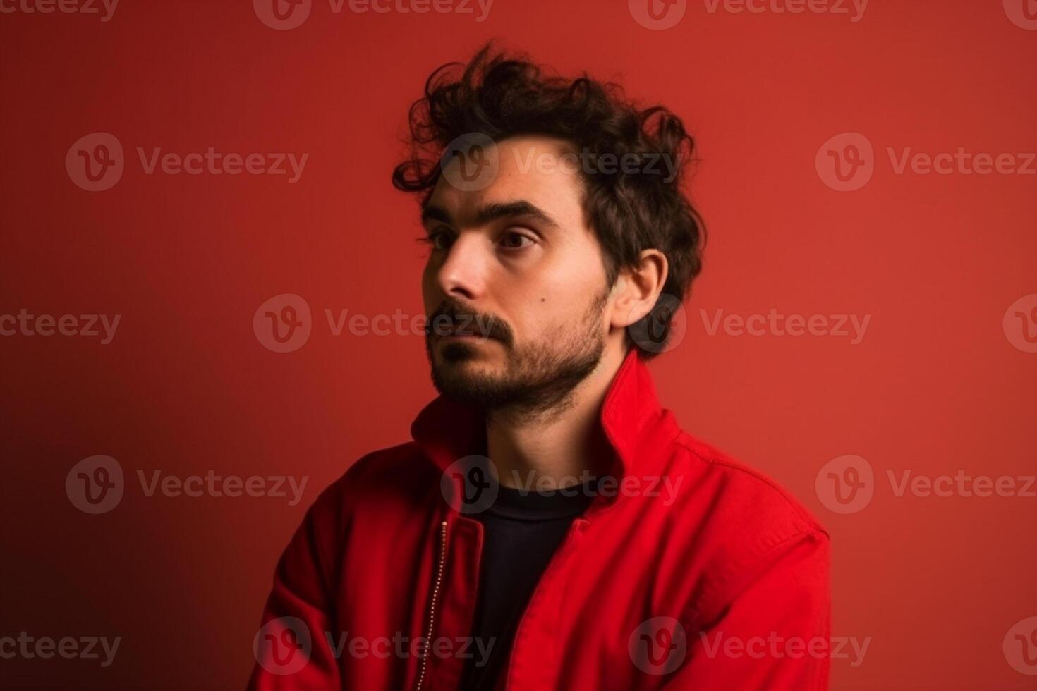 A man is being photographed on a solid background with a look of confusion on his face. photo