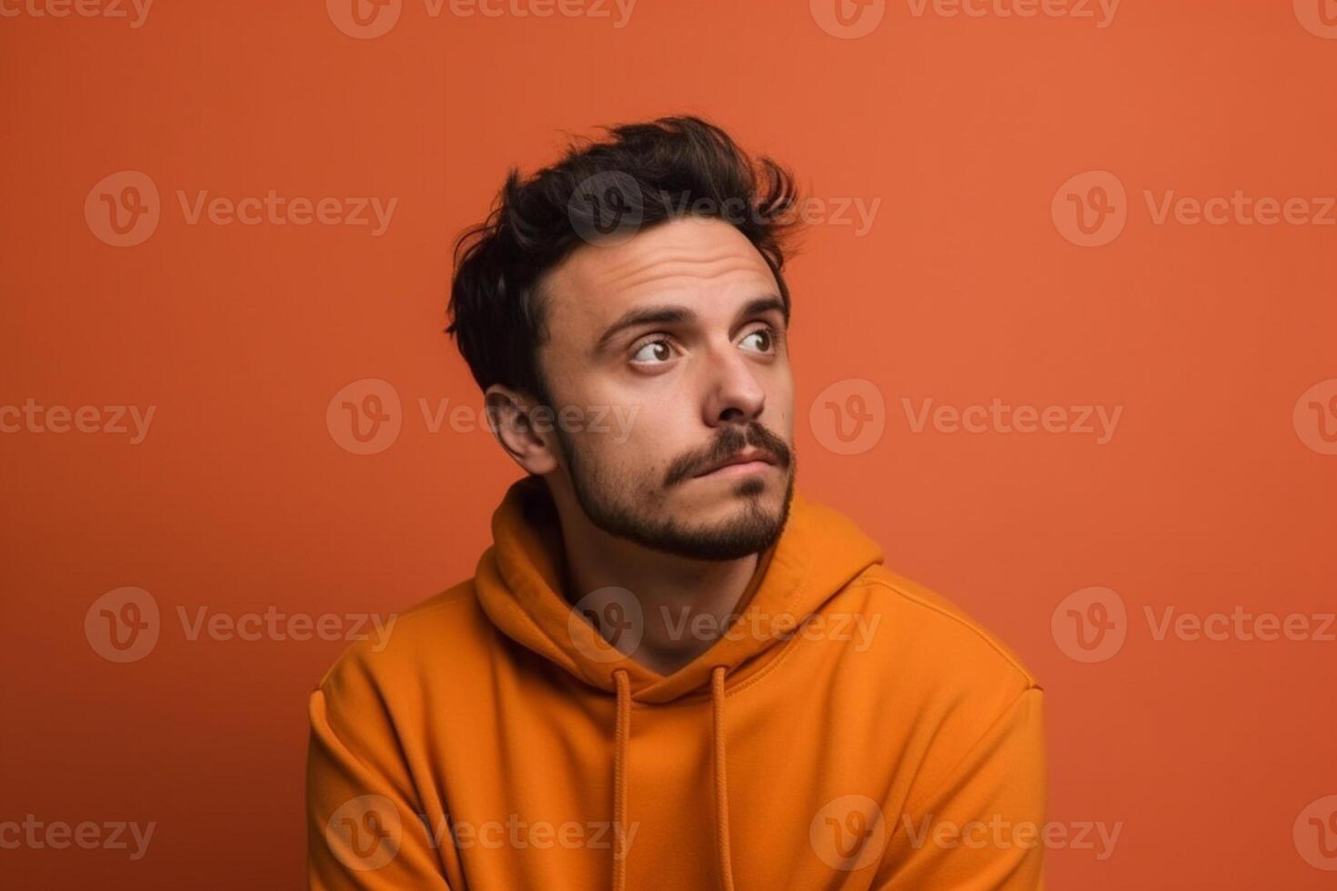 A man is being photographed on a solid background with a look of confusion on his face. photo