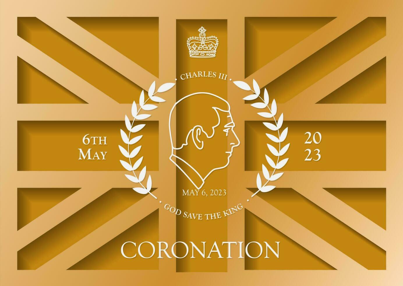 God save the king card with 3d golden british flag. Paper cut Poster for coronation of prince Charles III. New monarch of United Kingdom. Vector emblem.