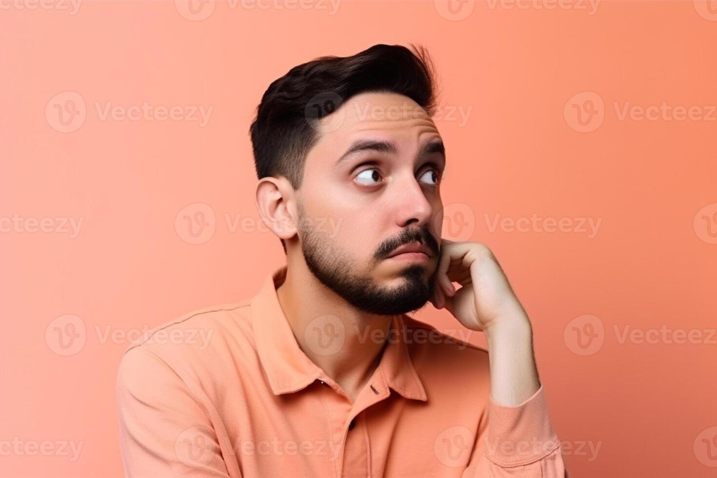 A man is being photographed on a solid background with a look of confusion on his face. photo