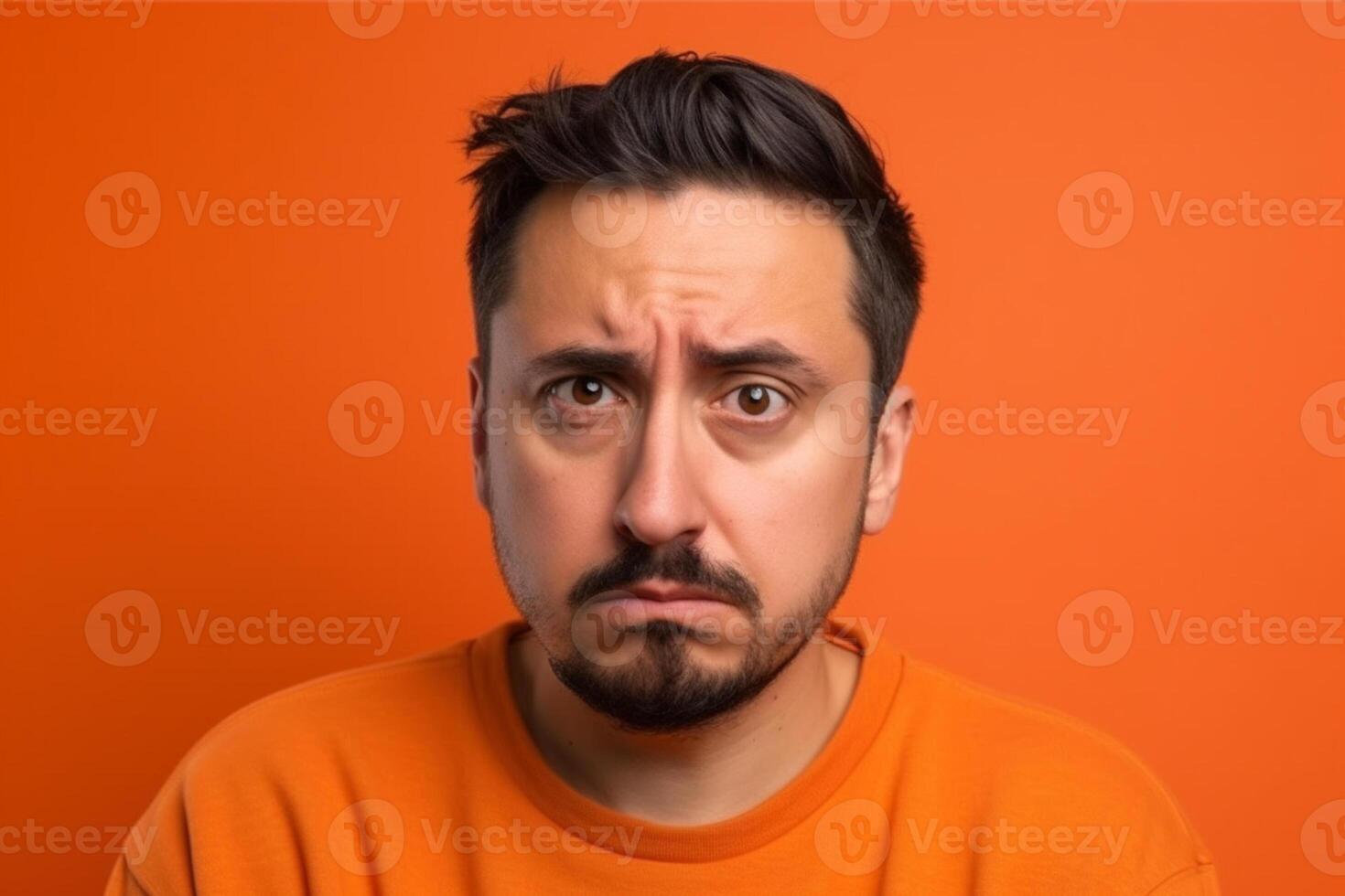 A man is being photographed on a solid background with a look of confusion on his face. photo