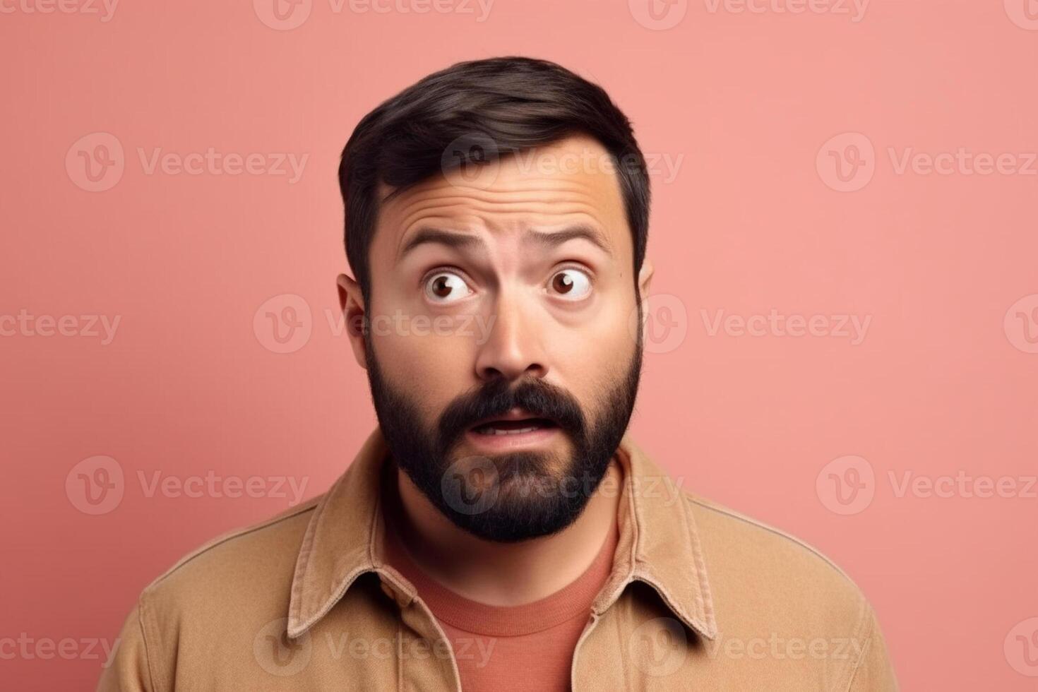 A man is being photographed on a solid background with a look of confusion on his face. photo