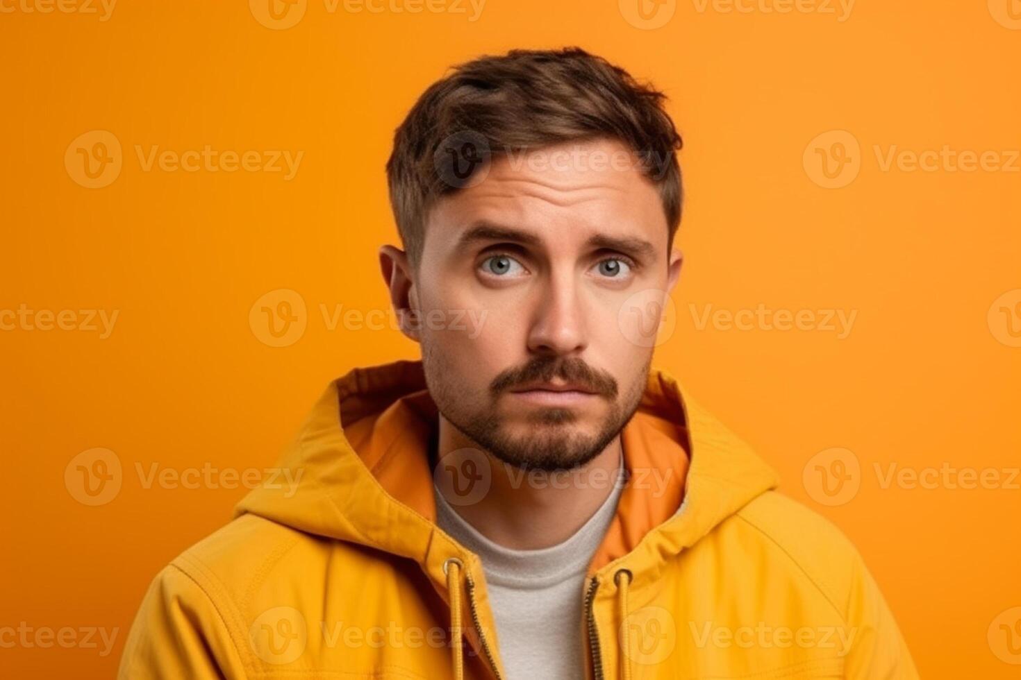 A man is being photographed on a solid background with a look of confusion on his face. photo