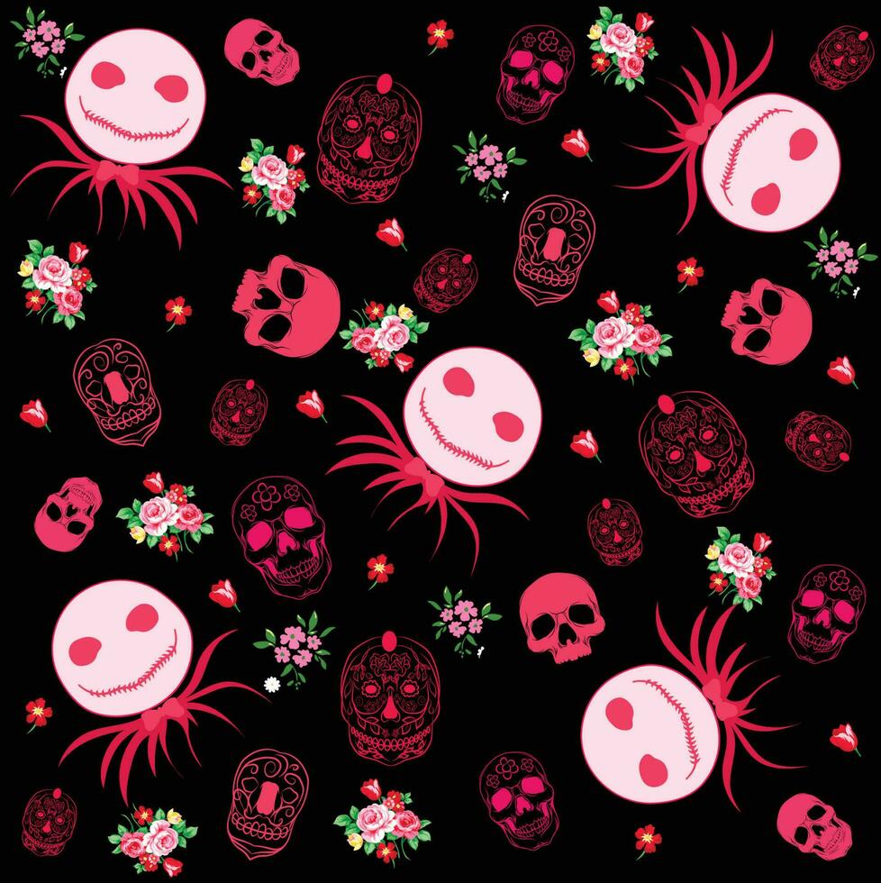 flat vector design, skull and flower pattern illustration