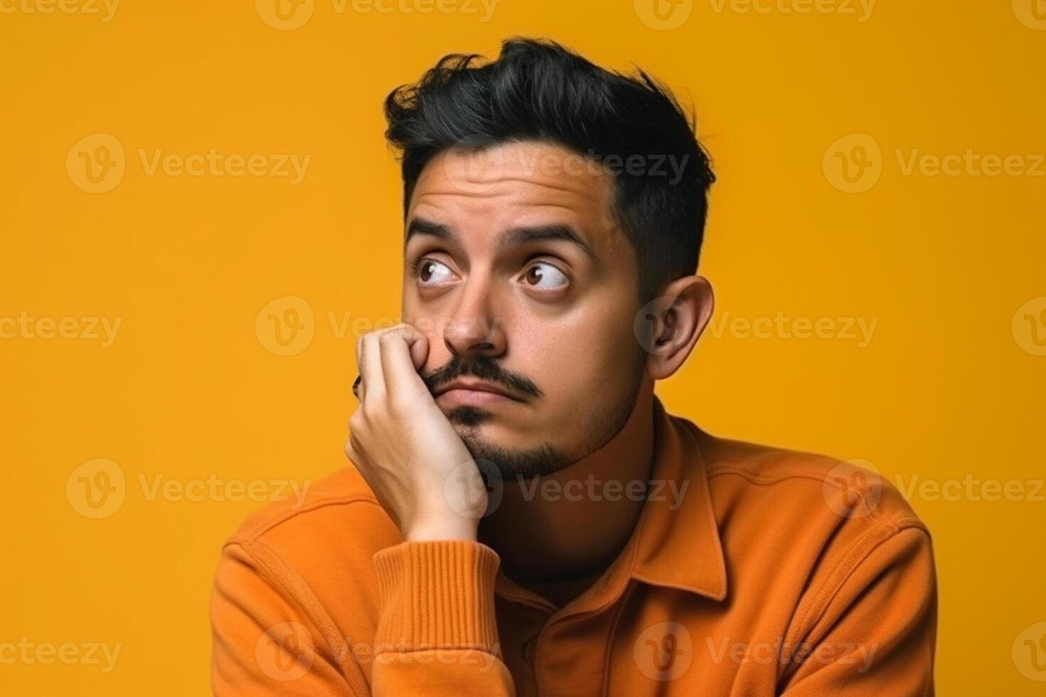 A man is being photographed on a solid background with a look of confusion on his face. photo