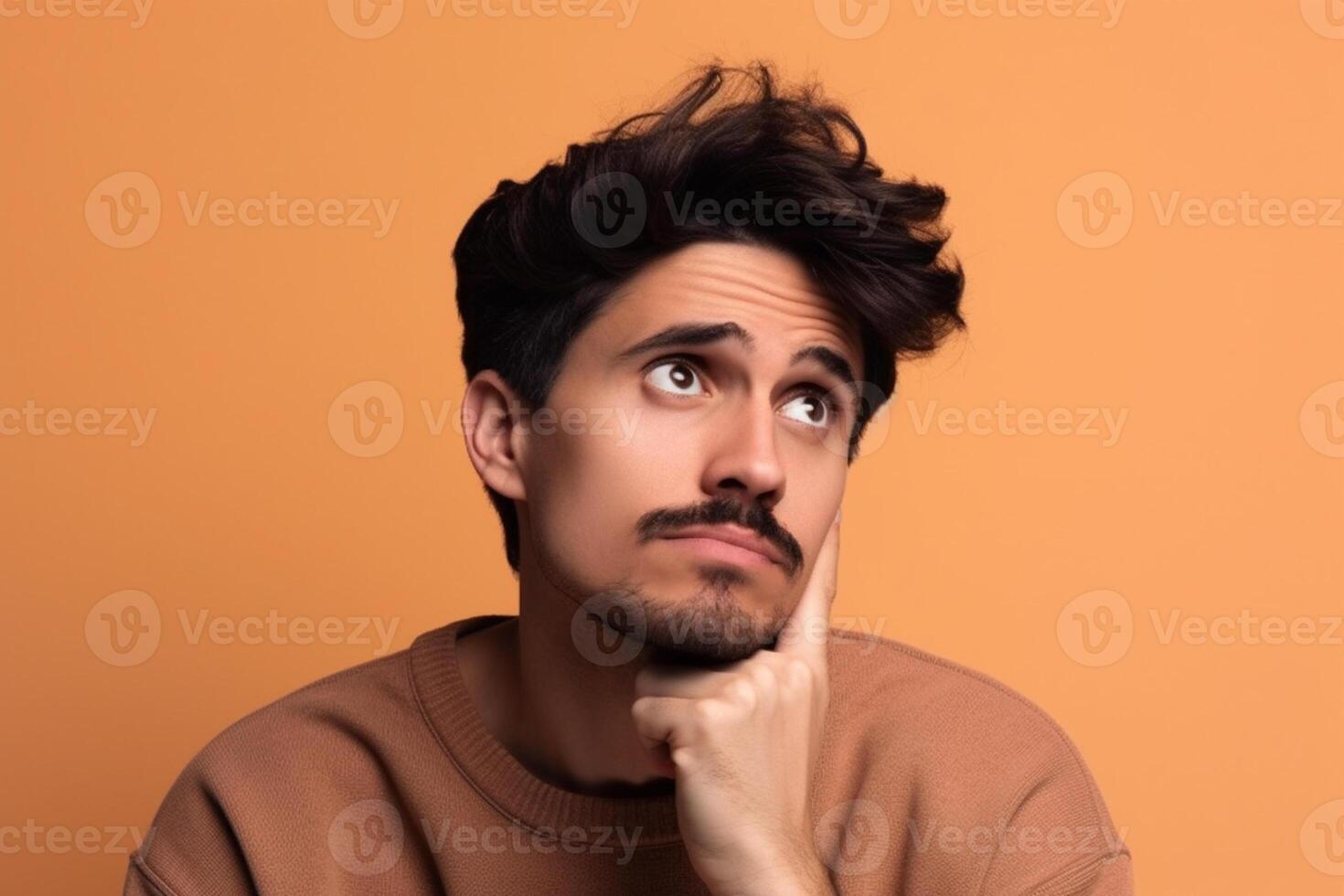 A man is being photographed on a solid background with a look of confusion on his face. photo