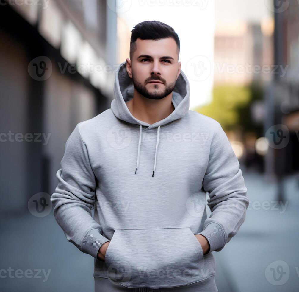content, Mokkap, a white man in a gray sweatshirt against the backdrop of the urban landscape. Place for design. photo