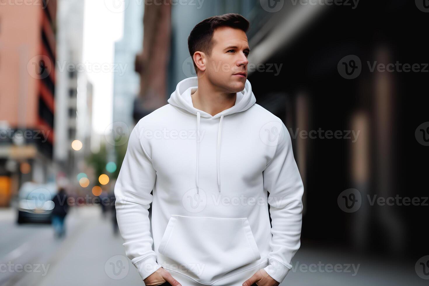 content, Mokkap, a man with a dark beard in a white sweatshirt on the background of the city. Place for design. photo