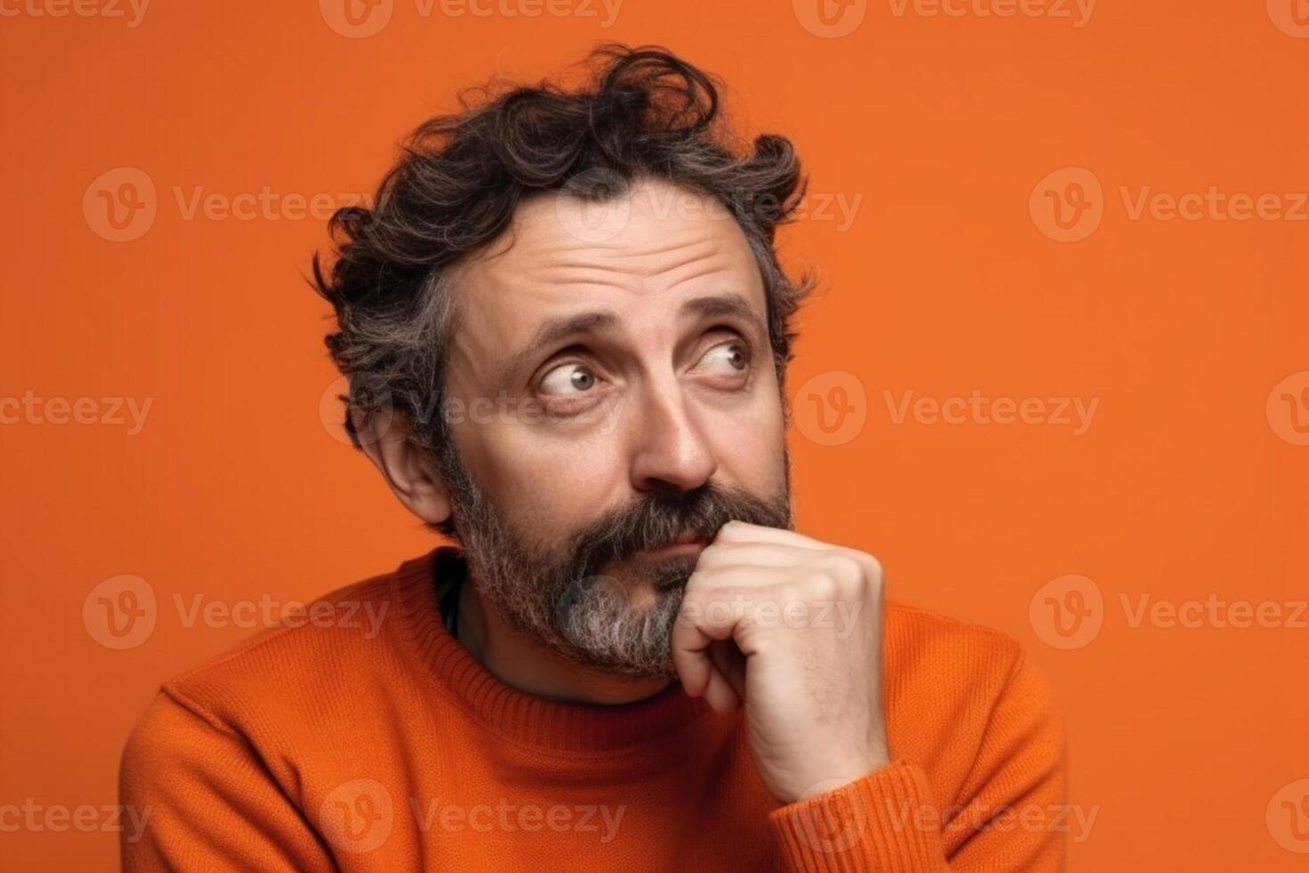 A man is being photographed on a solid background with a look of confusion on his face. photo
