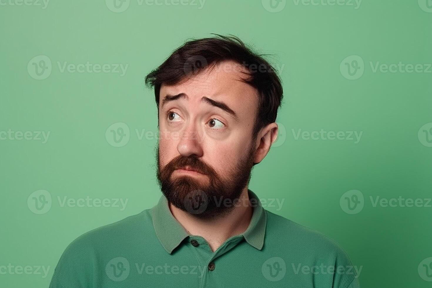 A man is being photographed on a solid background with a look of confusion on his face. photo