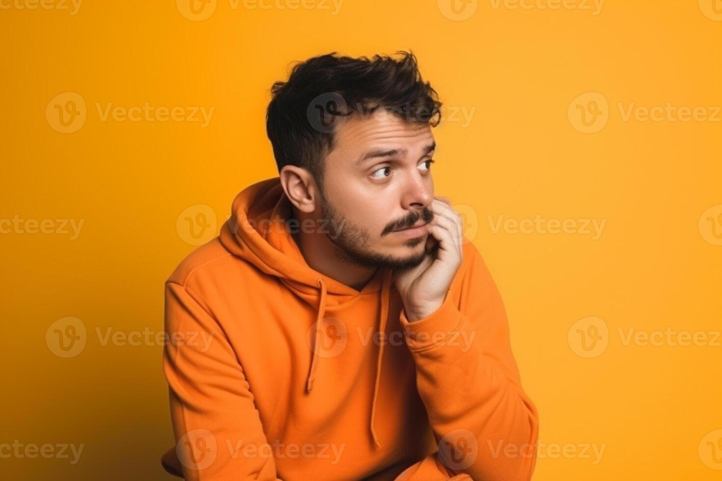 A man is being photographed on a solid background with a look of confusion on his face. photo