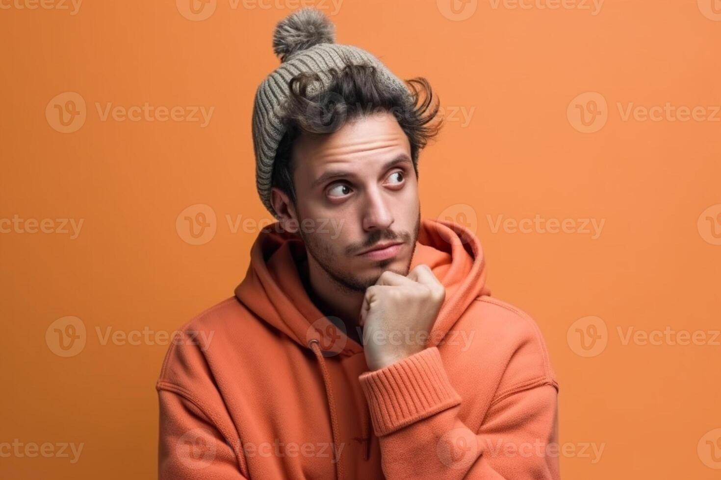 A man is being photographed on a solid background with a look of confusion on his face. photo