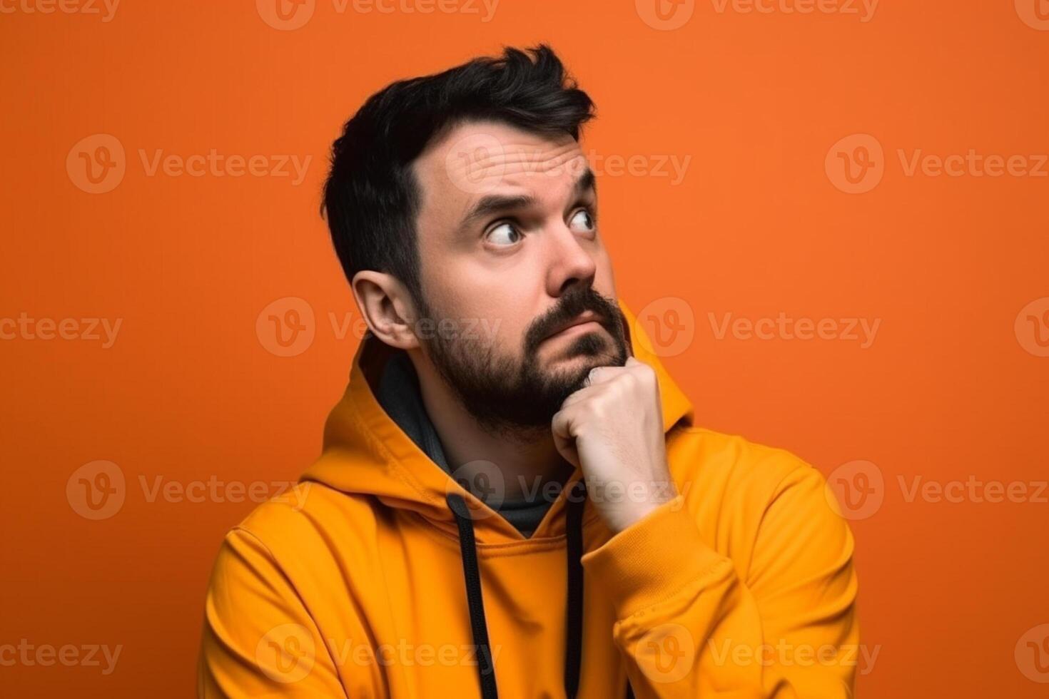 A man is being photographed on a solid background with a look of confusion on his face. photo