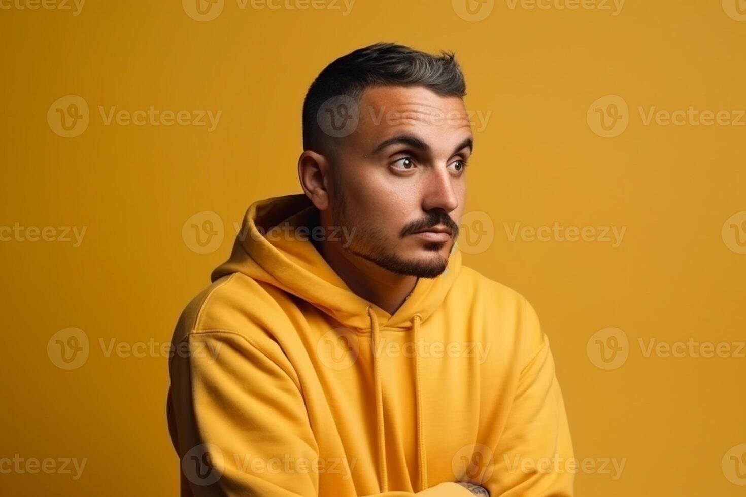 A man is being photographed on a solid background with a look of confusion on his face. photo