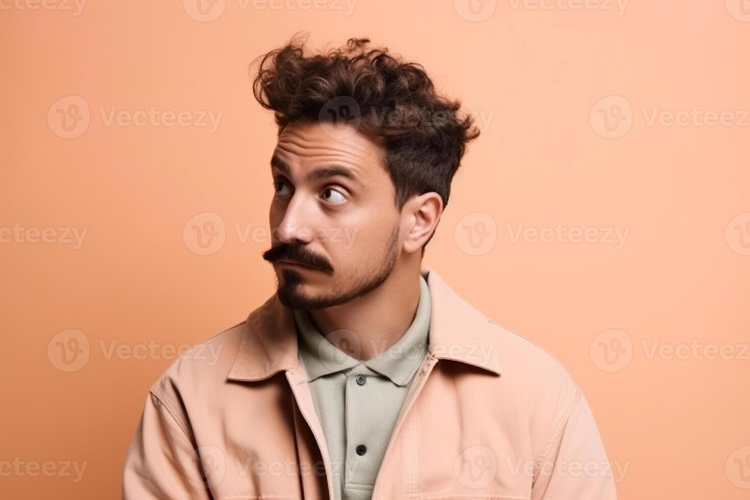 A man is being photographed on a solid background with a look of confusion on his face. photo