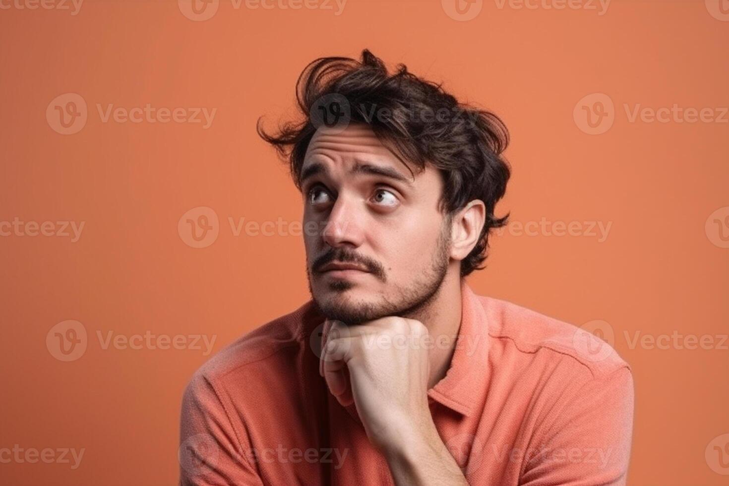 A man is being photographed on a solid background with a look of confusion on his face. photo