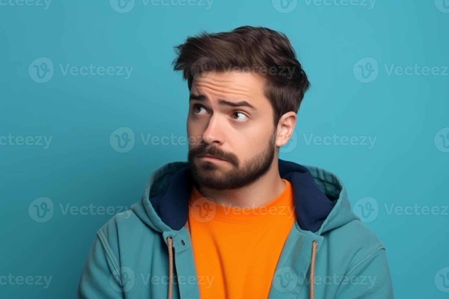 A man is being photographed on a solid background with a look of confusion on his face. photo
