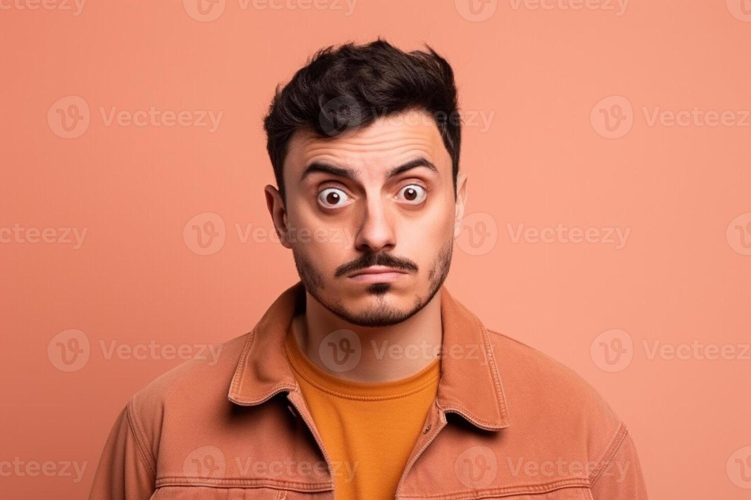 A man is being photographed on a solid background with a look of confusion on his face. photo