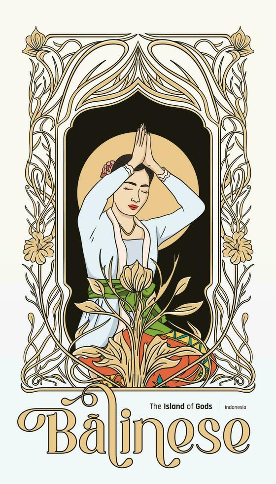 Balinese Woman praying with nature plant hand drawn illustration vector