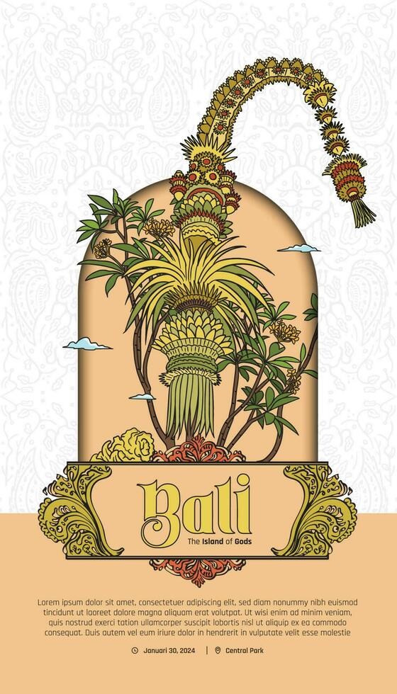 Penjor Balinese illustration with vintage frame layout idea for social media post vector