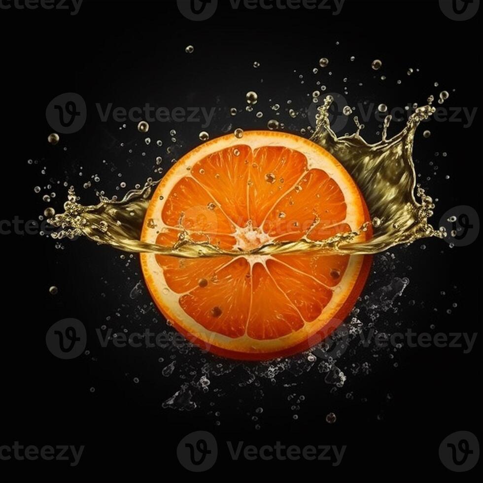 A slice of orange is being squeezed into a liquid splash. photo