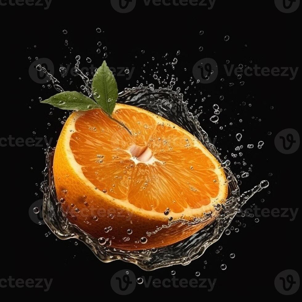 A slice of orange is being squeezed into a liquid splash. photo