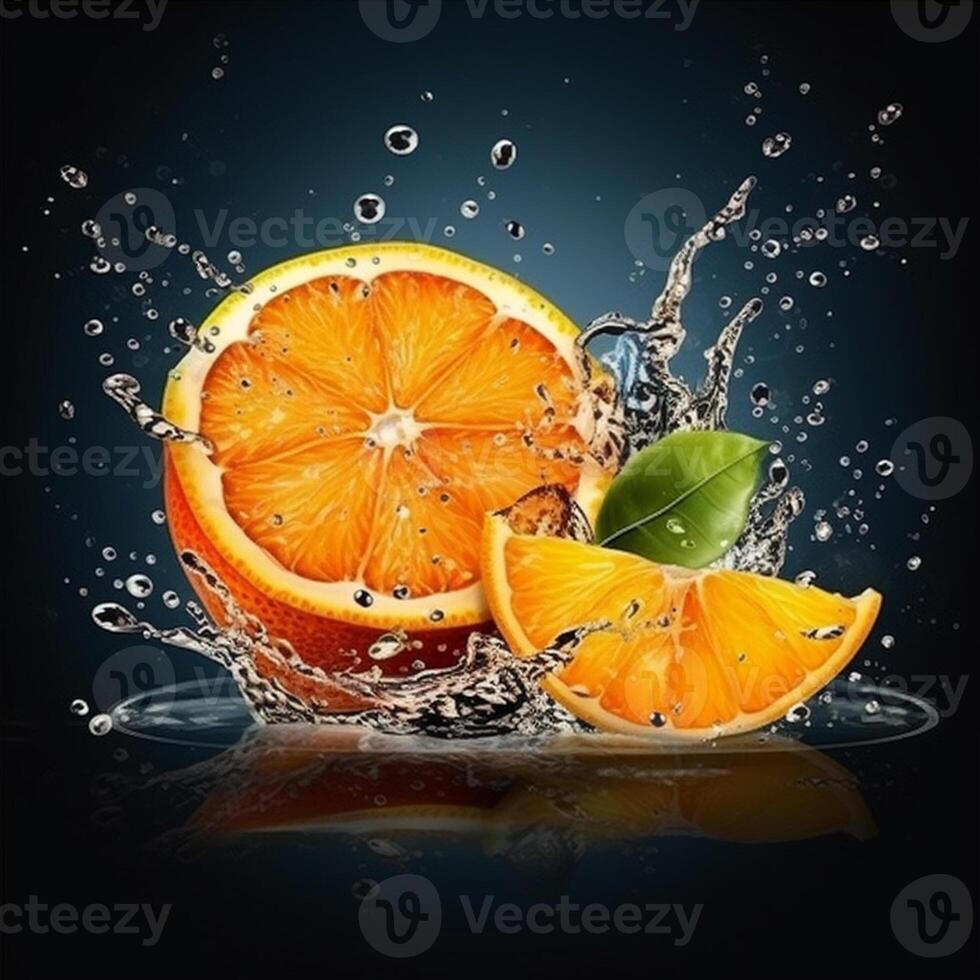 A slice of orange is being squeezed into a liquid splash. photo