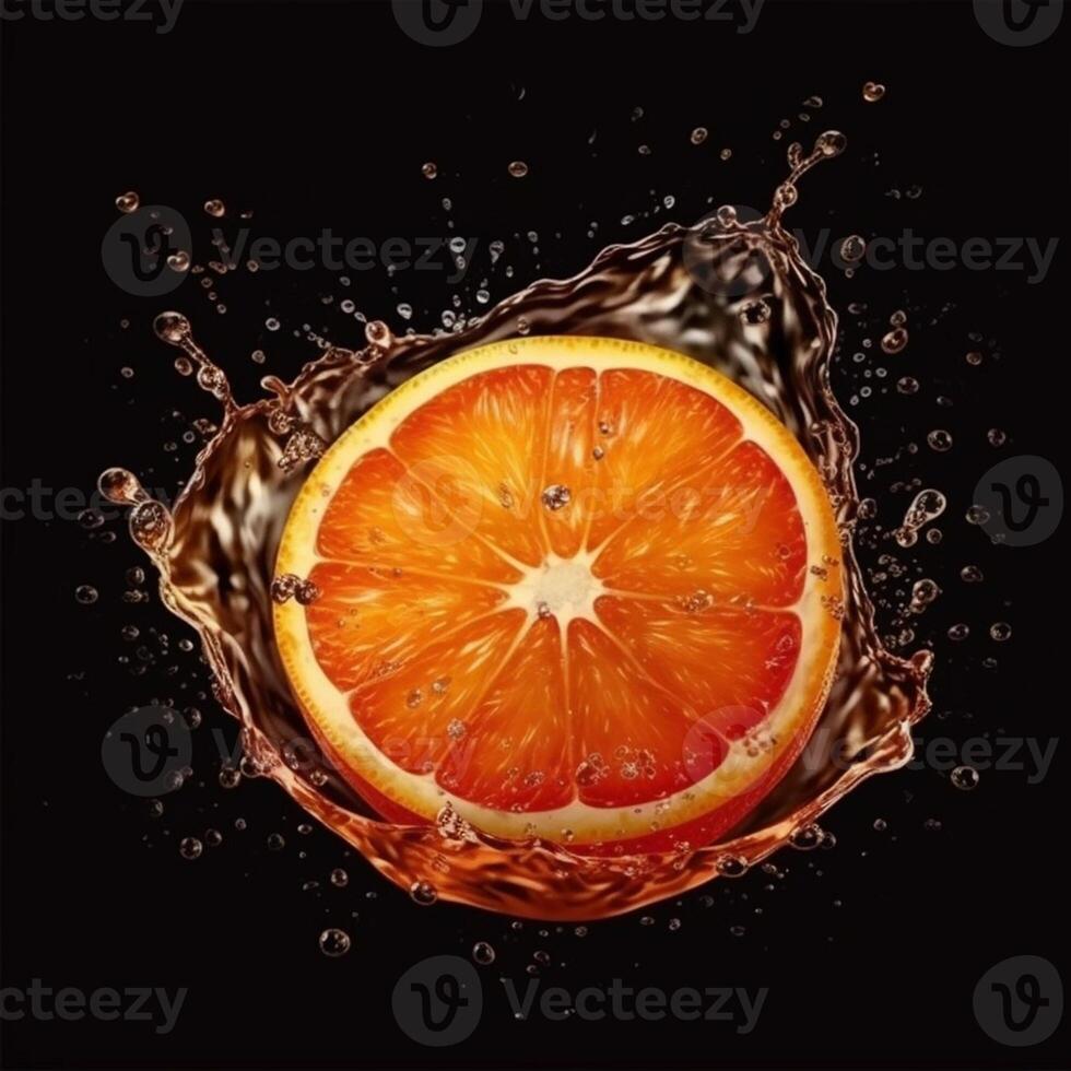 A slice of orange is being squeezed into a liquid splash. photo