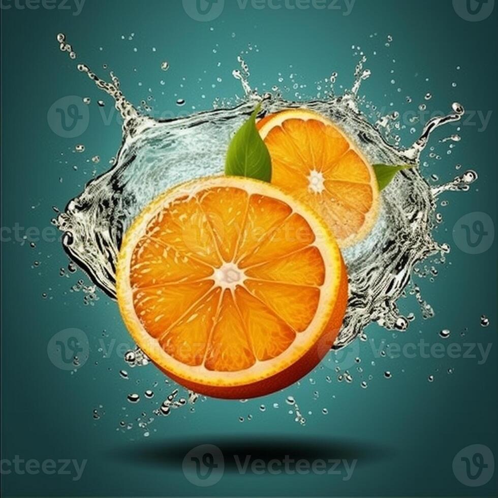 A slice of orange is being squeezed into a liquid splash. photo