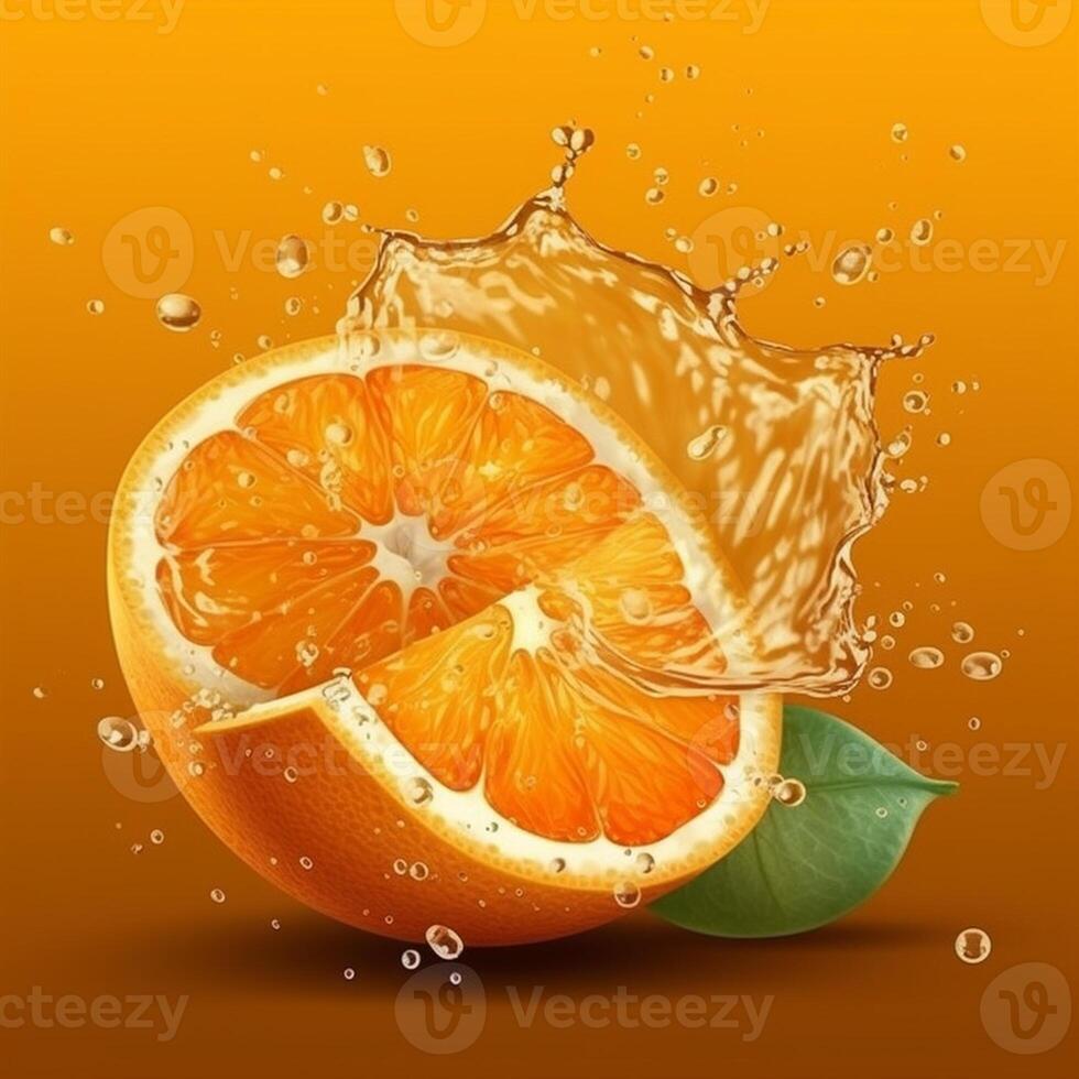 A slice of orange is being squeezed into a liquid splash. photo