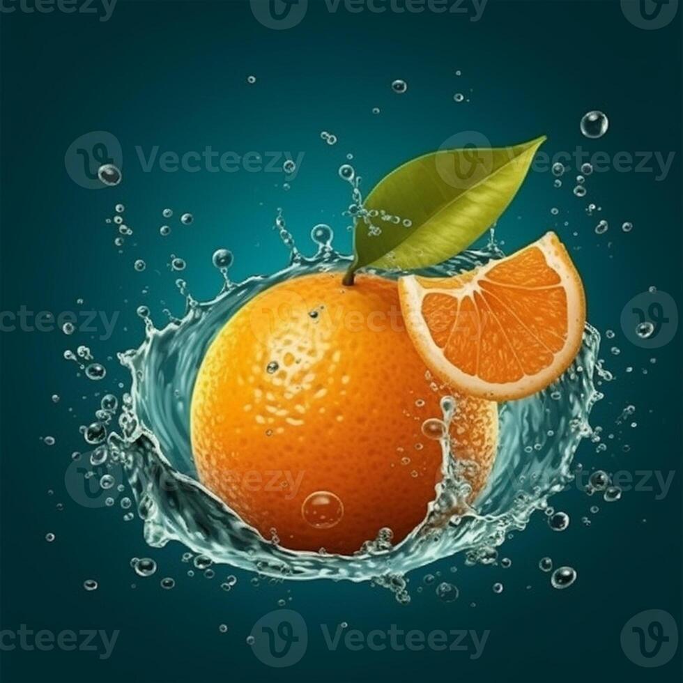 A slice of orange is being squeezed into a liquid splash. photo