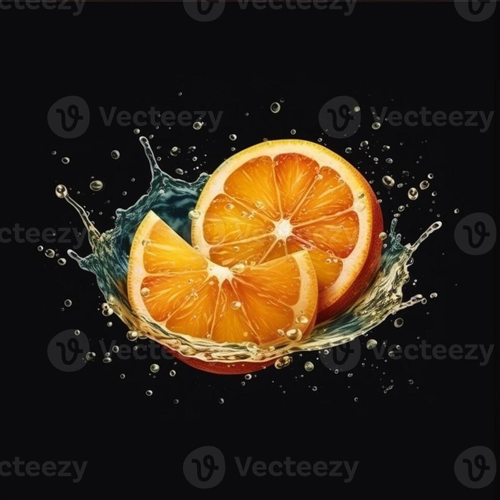 A slice of orange is being squeezed into a liquid splash. photo