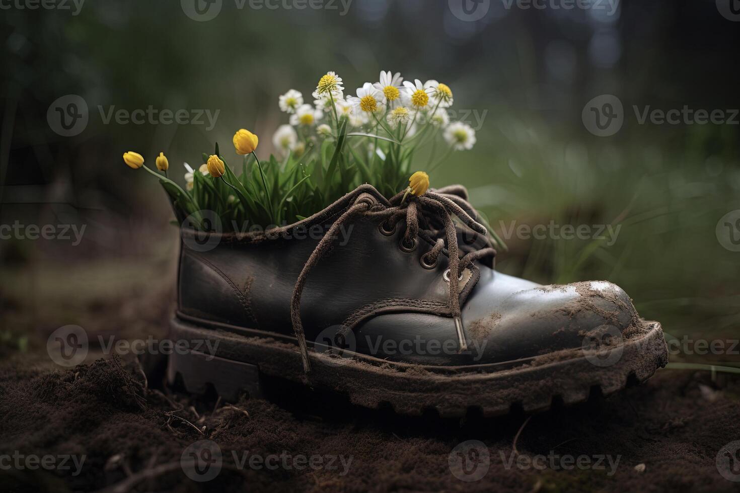 , Old boot with meadow spring flowers, handmade shoe planter. Environmental activism concept photo