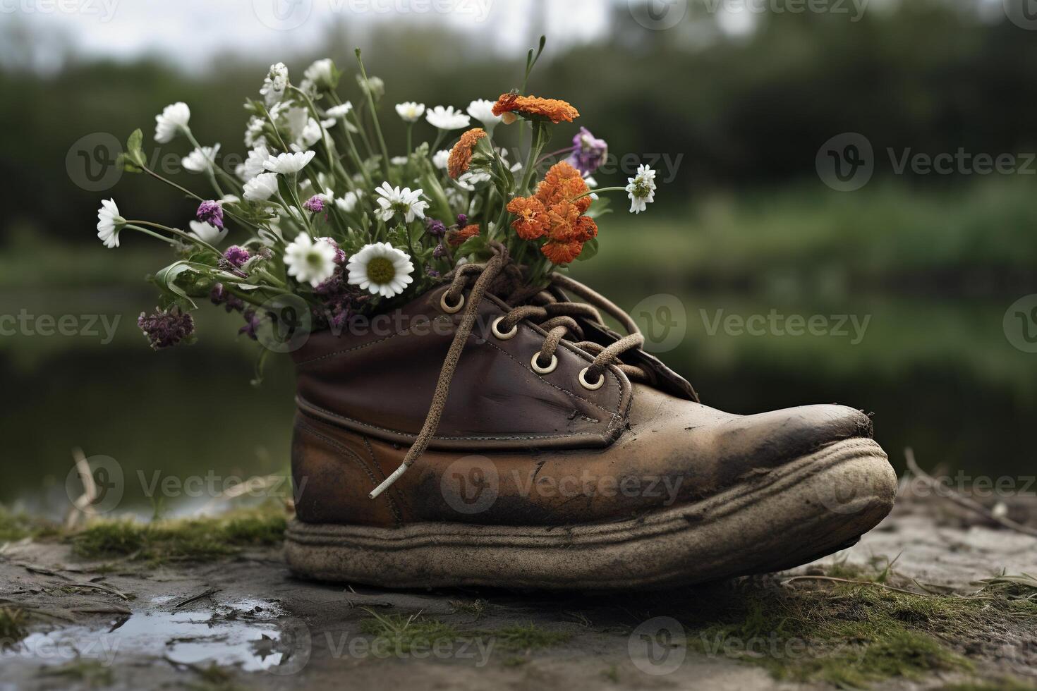 , Old boot with meadow spring flowers, handmade shoe planter. Environmental activism concept photo