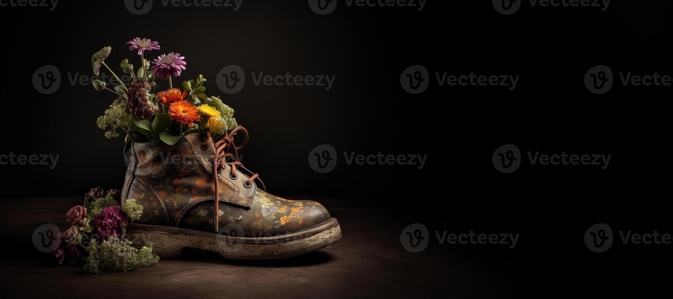 , Old boot with meadow spring flowers, handmade shoe planter. Environmental activism concept photo