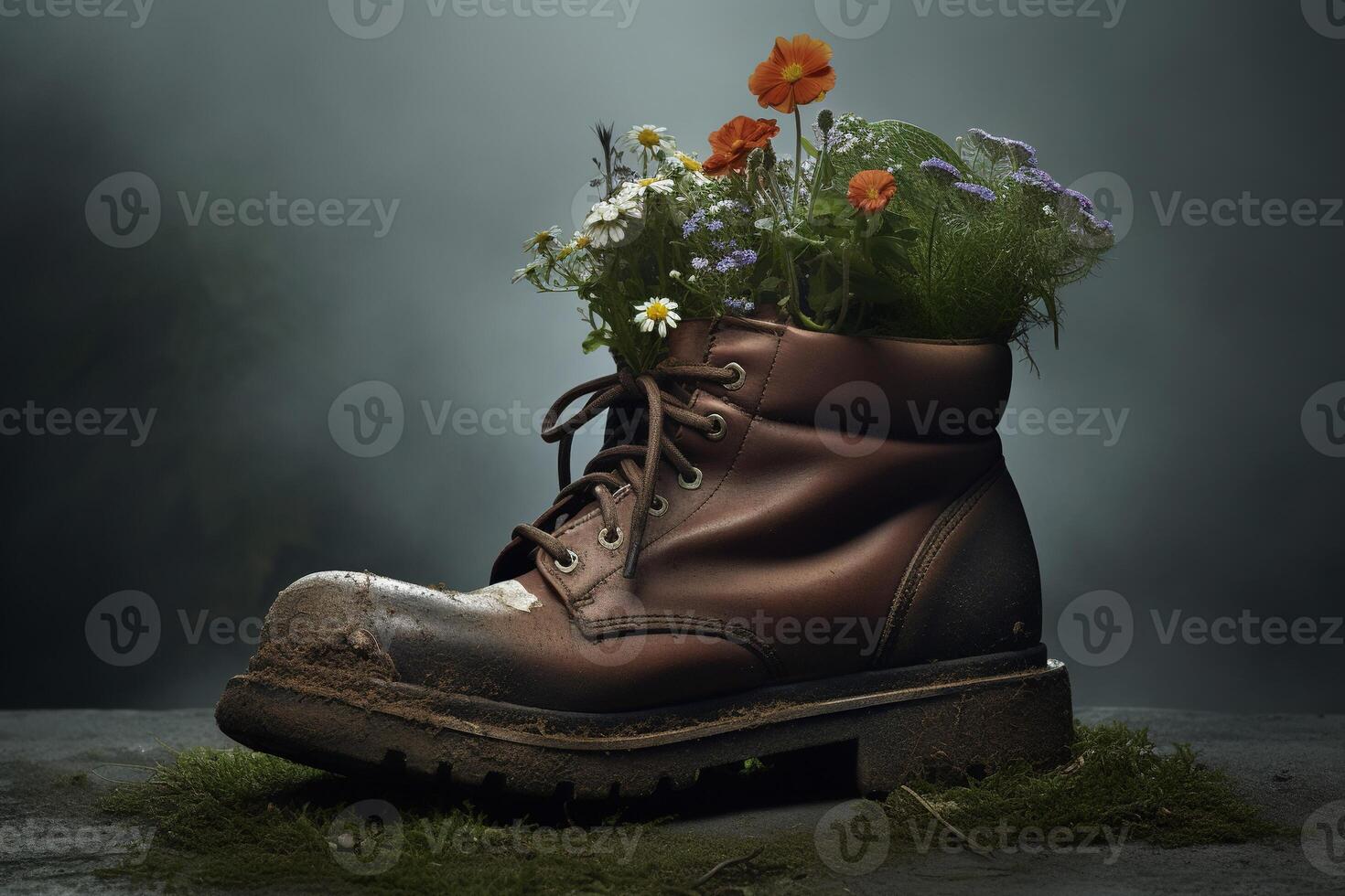 , Old boot with meadow spring flowers, handmade shoe planter. Environmental activism concept photo