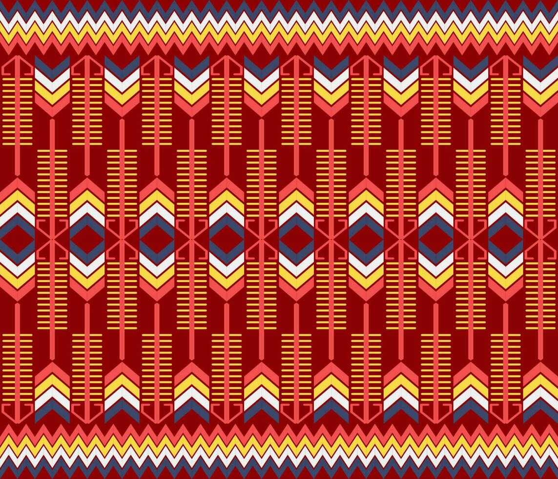 Ethnic folk geometric seamless pattern in re, blue and yellow in vector illustration design for fabric, mat, carpet, scarf, wrapping paper, tile and more
